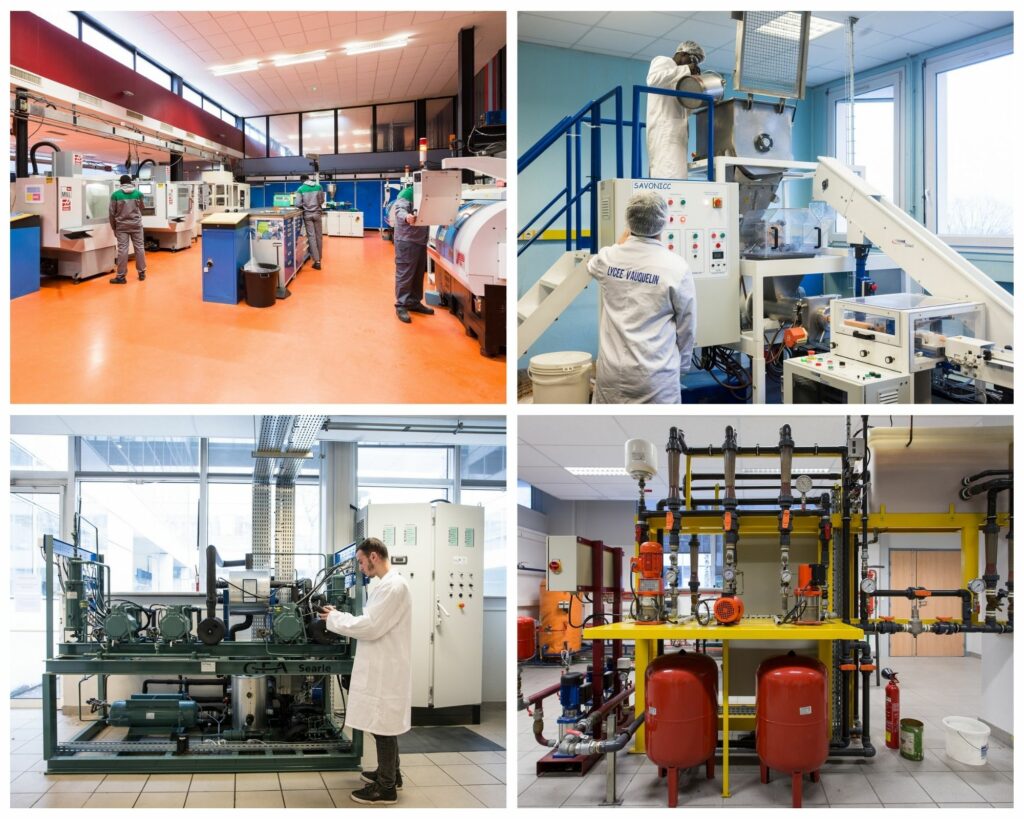 Illustration des plateaux techniques du GPI2D : machines d'usinage, chaine de production et équipements énergétiques.