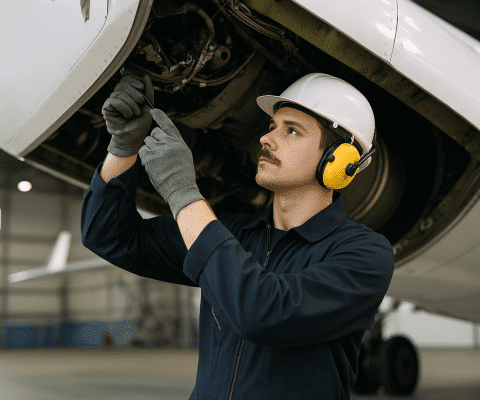 Stagiaire en formation de CAP Aéronautique option Structure travaillant sur un avion.